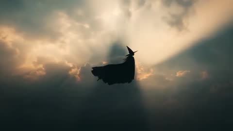 Cloaked Figure Hovering in Radiant Sky Surrounded by Clouds