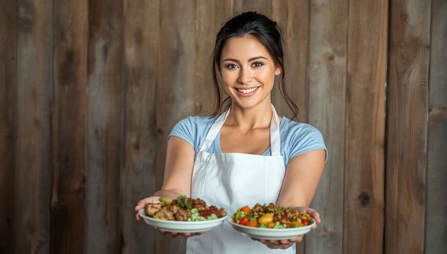Smiling Chef Holding Nutritious Dishes in Rustic Kitchen