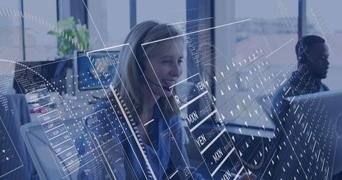 Smiling Female Trader Analyzing AR Financial Data on Modern Trading Floor