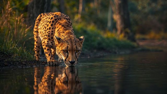 Cheetah Lapping Water in Serene Savanna at Sunset