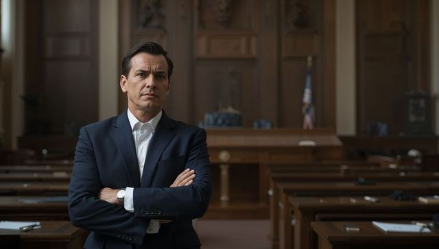 Confident lawyer standing in courtroom with arms crossed facing judge bench and american flag