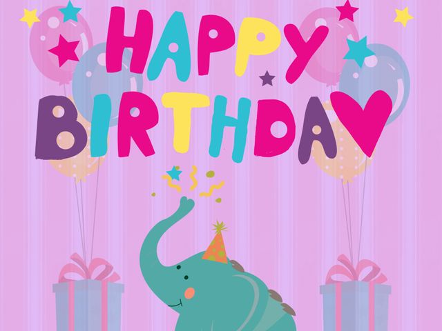 This vibrant birthday template features a cheerful elephant wearing a party hat among colorful balloons and gifts. Ideal for creating joyful children's party invitations, birthday cards, and festive event announcements. The playful design adds a fun touch to any celebration materials.