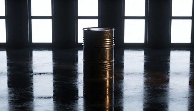 Backlit metal drum standing on glossy warehouse floor casting dramatic reflection