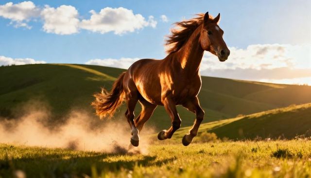 Galloping chestnut horse kicking dust across sunlit meadow with rolling hills at golden hour
