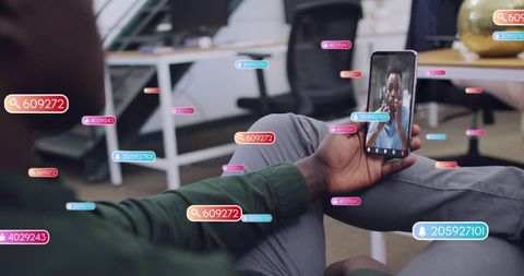 Joining live video call from office with floating engagement tags and data overlays
