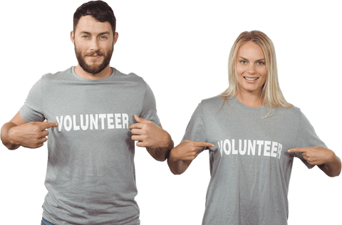 Transparent Young Adults Showing Volunteer Text on T-Shirts