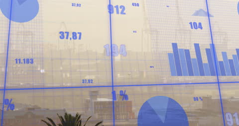 Financial Data Overlay on Cityscape with Statistics and Graphs