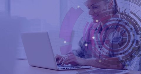 Businesswoman Engaging with Virtual Data Interface on Laptop - Download Free Stock Images Pikwizard.com