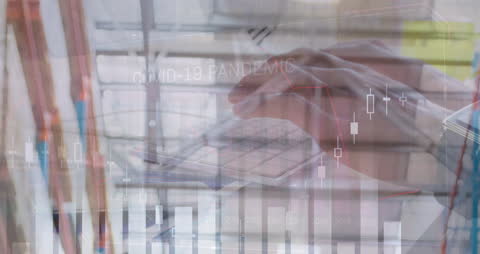 Hands Typing on Keyboard with Financial Data Overlay