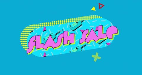 Bold retro memphis flash sale banner neon teal cyan 3d typography geometric promo