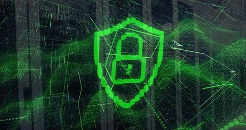 Futuristic Digital Cybersecurity with Pixelated Shield Icon