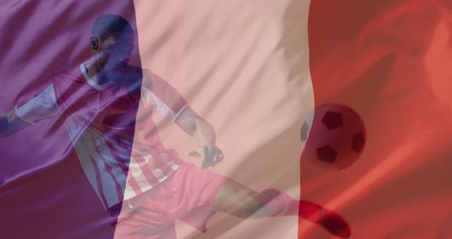 Image of african american male soccer player over flag of france. Global patriotism, celebration, sport and digital interface concept digitally generated image.