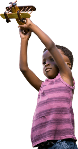 Joyful Boy with Toy Airplane Raising Creativity in Transparent Background