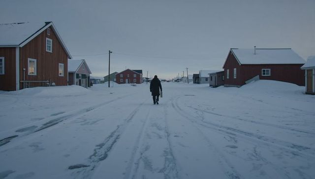 Walking man in snowy village at dusk carrying briefcase along wooden house-lined street