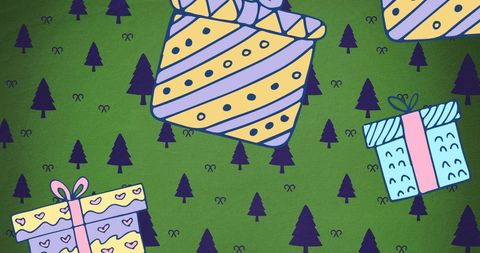 Festive wrapped gifts on green with christmas tree designs