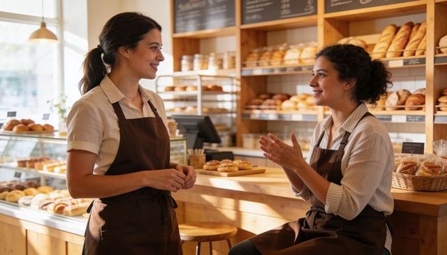 Smiling bakery staff chatting and gesturing behind sunlit wooden counter with fresh bread