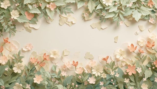 Pastel paper-cut floral border, layered botanical leaves and negative space for elegant design