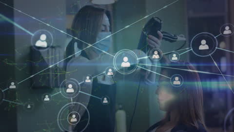 Digital Network Overlay with Hairdresser in Face Mask