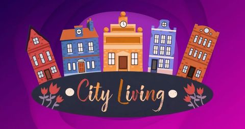 Whimsical urban buildings with tulip accents on purple background