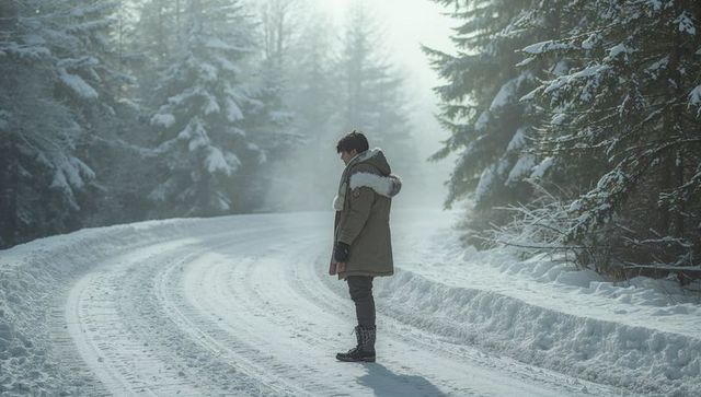 Solitary man standing on curved snowy road in winter forest wearing fur-hood parka