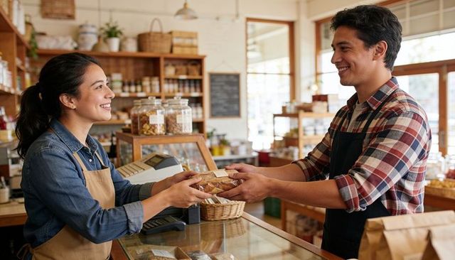 Smiling bakery staff handing packaged pastry across rustic counter, coworker receiving