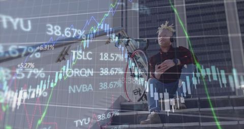Digital stock charts overlay on young man with bicycle and headphones