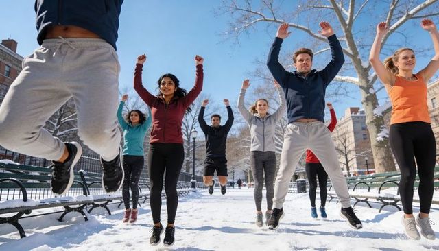 Group jumping in snowy urban park during winter fitness team training