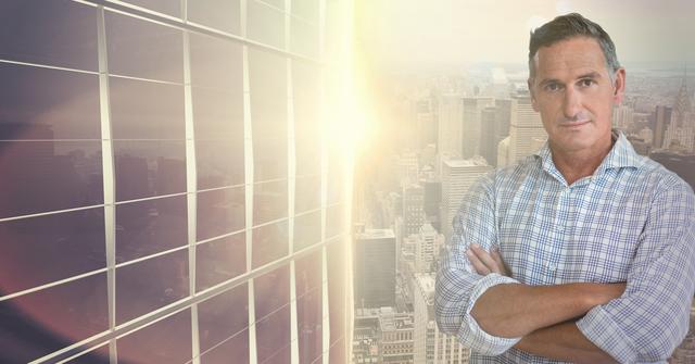 Image featuring confident businessman standing with arms crossed against urban city skyline background. Great for corporate websites, leadership and business-themed promotions, professional services marketing, and articles related to urban business environments or executive leadership.
