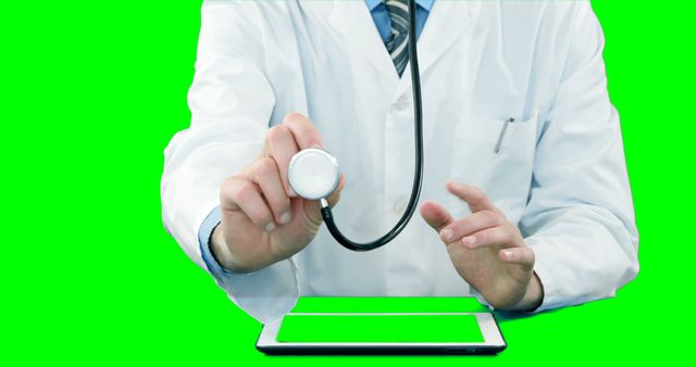 Doctor Using Stethoscope with Digital Tablet on Green Screen Background - Download Free Stock Images Pikwizard.com