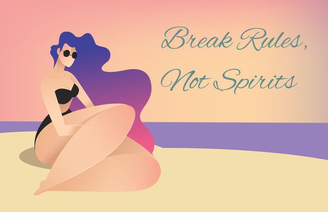 This stylized illustration depicts a confident woman relaxing on a beach, paired with an empowering quote 'Break Rules, Not Spirits.' The vibrant colors and motivational message make this ideal for use in social media campaigns, motivational posters, wallpapers, or wellness campaigns promoting confidence and positivity.
