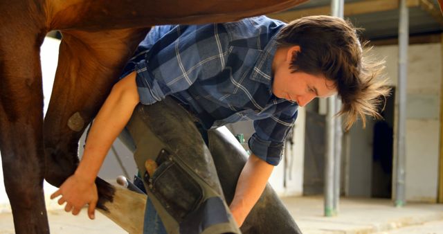 Farrier wearing blue plaid shirt checking horse hoof in stable. Useful for themes related to animal care, veterinary services, rural life, agriculture, and equestrian activities. Ideal for articles, blogs, and advertisements focused on professional animal care and farm maintenance.