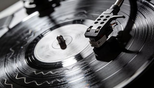 Macro vinyl record spinning under tonearm cartridge with reflective grooves and stylus