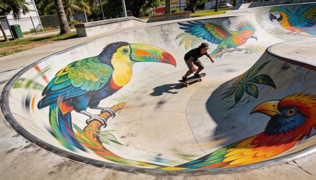 Skateboarder Carving Vibrant Tropical Bird Mural in Sunlit Concrete Bowl Skatepark