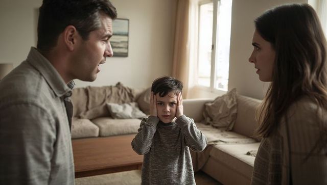Parents arguing beside child covering ears at home