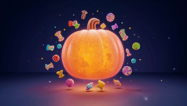 Glowing Pumpkin Floating with Colorful Candies on Reflective Surface
