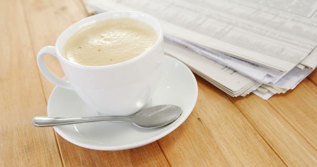 A fresh cup of coffee sits next to a stack of newspapers on a wooden table, with copy space - Download Free Stock Photos Pikwizard.com
