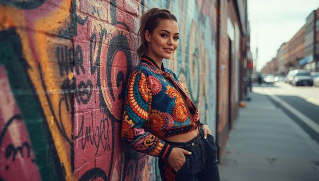 Stylish hispanic woman leaning by vibrant graffiti wall in urban setting