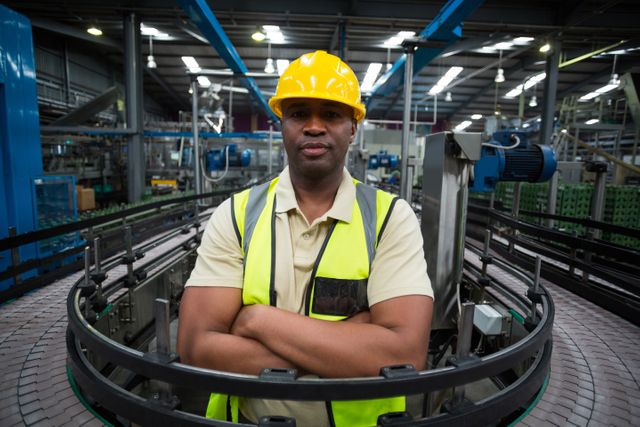 Confident factory worker standing near the conveyor belt in factory