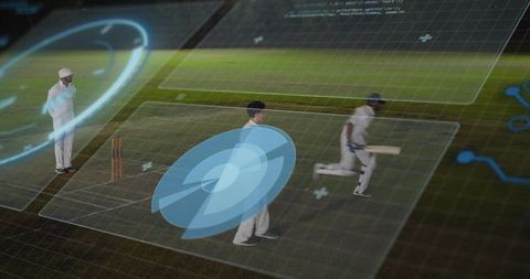 Cricket analytics hologram showing radar overlays on players and running batsman on pitch