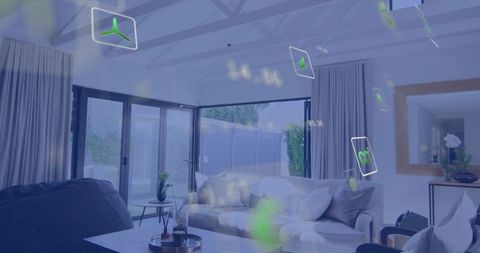 Minimalist living room featuring ar holographic interface overlays and glass patio doors