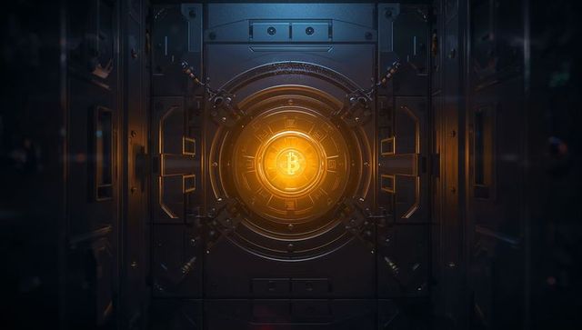 Glowing bitcoin emblem radiating inside high-security vault with futuristic circuitry