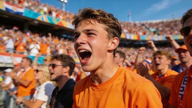 Young male fan shouting in orange shirt leading chant in packed sunny stadium crowd