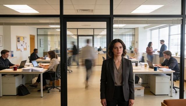 Confident manager standing in glass-front office watching busy open-plan team at work