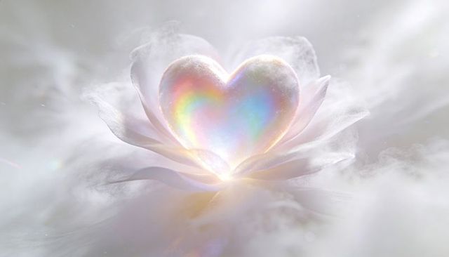 Glowing iridescent heart gem nestling in white petal bloom with misty pastel glow