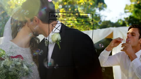 An elegant scene captures a bride and groom sharing an intimate kiss in a lush garden. Bright sunlight highlights their smiles, while bubbles are playfully blown nearby. This moment perfectly encapsulates love and joyous ceremonies. Ideal for use in romantic stories, wedding invitations, bridal magazines, or relationship blogs.