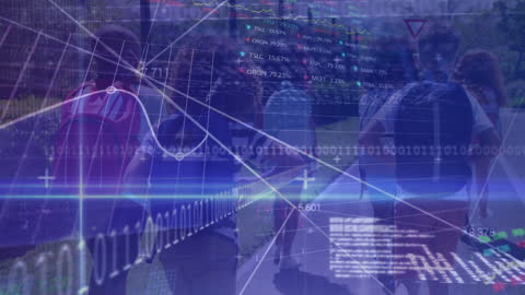 Overlay of Digital Financial Data and People Walking