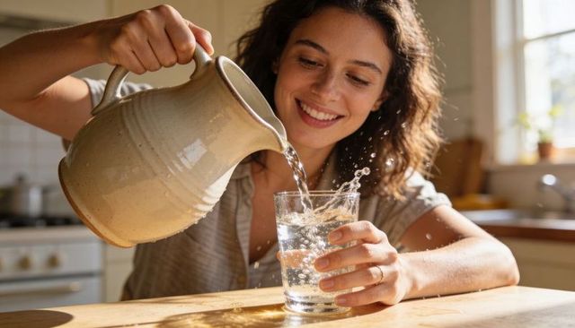 Smiling woman pouring water from ceramic pitcher into glass at sunlit kitchen table