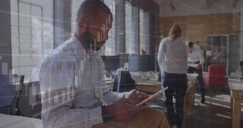 Business Professional Using Tablet with Advanced Analytics Overlay