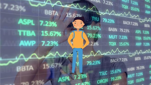 Illustration of a cartoon man superimposed over a background of financial data and a woman using a VR headset. Suitable for use in content related to digital finance, technology trends, and data analytics.