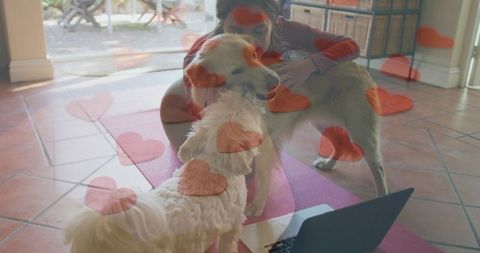 Woman in Cozy Living Room Enjoying Moment with Golden Retrievers